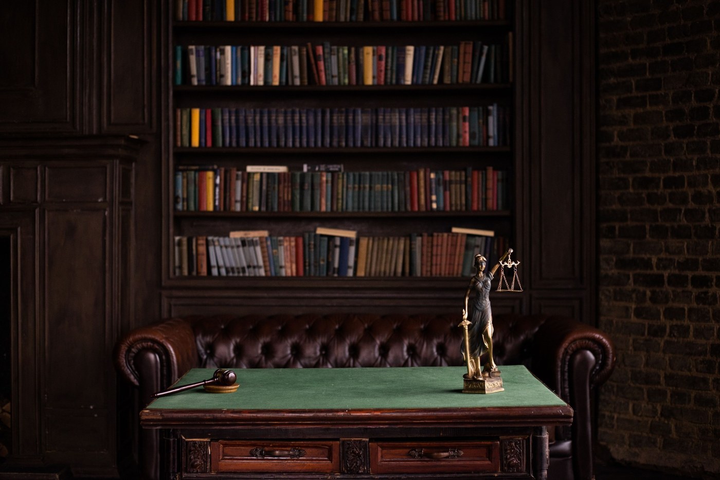 Law office interior with legal books and a consultation desk